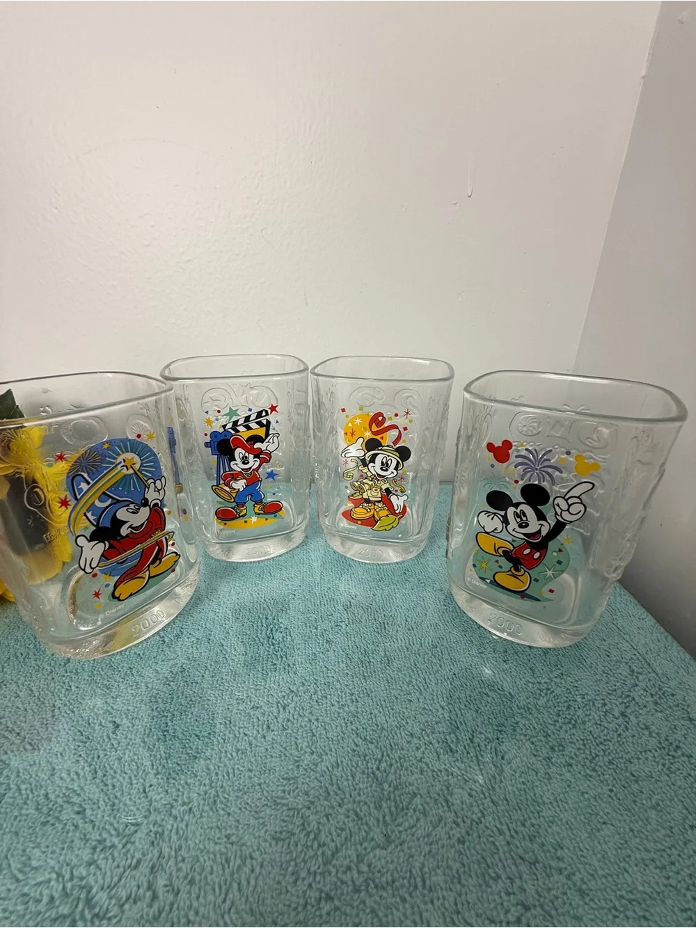 2000 Disney Multicolor Mickey Mouse Clear Glass Tumblers - Set of 4